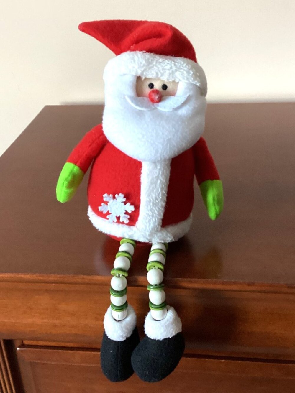 Santa Claus Shelf Sitter Holiday Festive Home Decor Beaded Spool Dangling Legs